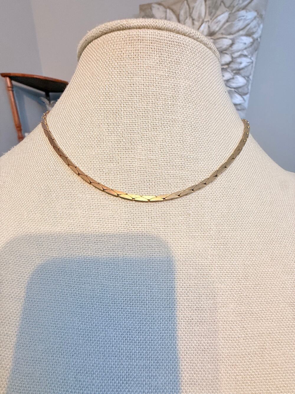 Vintage Gold Tone Herringbone Choker Necklace 14”